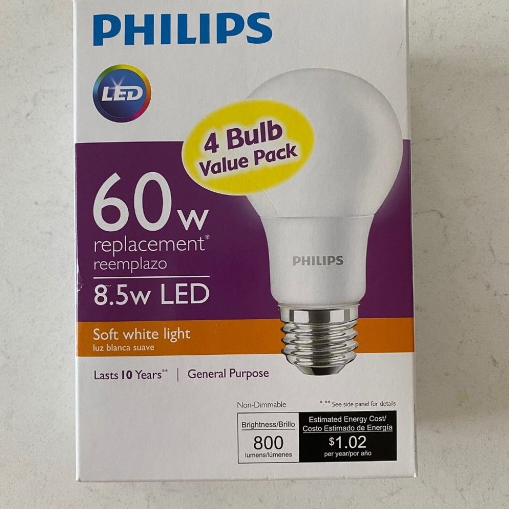 Philips‎ B01AHLY6WO 4pk 8.5W=60W LED Soft White A19